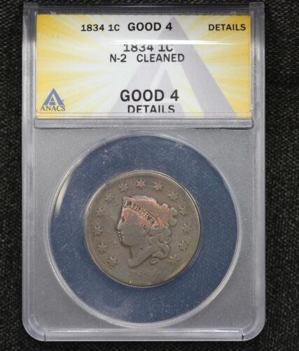 1834 Coronet Head Large Cent N-1 ANACS G-4 Cleaned 13CM