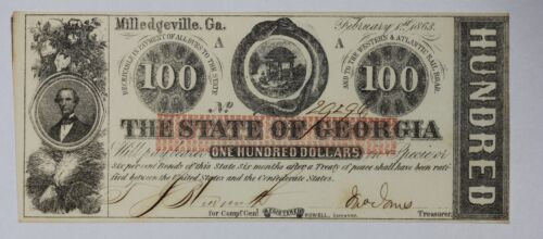 1863 The State of Georgia $100 Obsolete Currency Note CR-6 1I8I