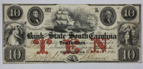 1861 Bank of the State of South Carolina $10 Obsolete Currency Note SC-195-30 19CG