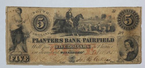 1855 Planters Bank of Fairfield Winnsboro $5 Obsolete Currency SC-560-25 19CF