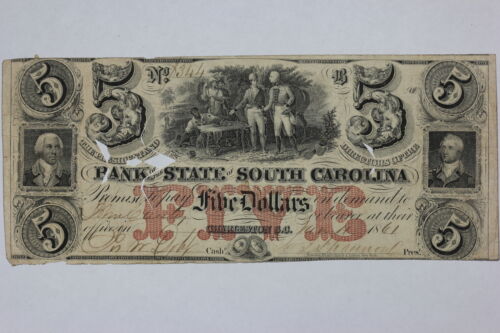 1861 Bank of the State of South Carolina Obsolete Currency Note Cancel Cuts 1WII