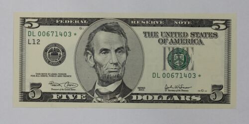 Series 2003 $5 Federal Reserve Note Star Note F-1990-L 1930