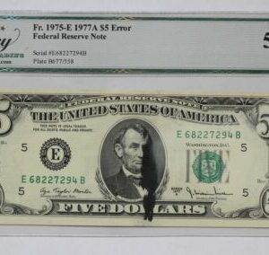 Series 1977-A $5 Federal Reserve Note Ink Smear Error Choice AU+ PPQ Legacy 1O5O