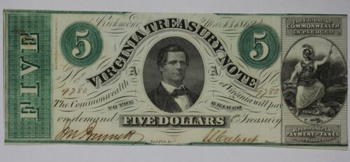 1862 Virginia Treasury Note $5 CR-13 Choice CU 1XF5