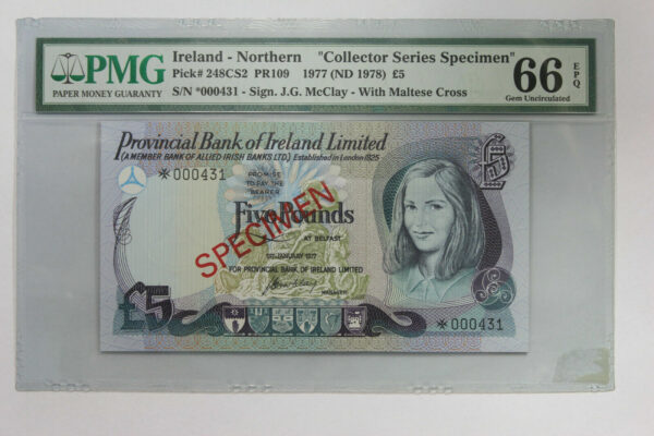 1977 North Ireland £5 Pounds Specimen Banknote P# 248aCS2 PR109 PCGS-66 EPQ 1XZA