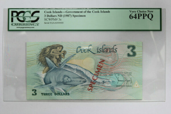1987 Cook Islands $3 Specimen Banknote PCGS Currency MS-64 PPQ 1935