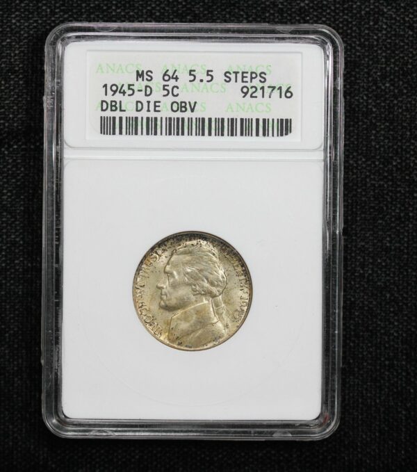 1945-D Silver Jefferson Nickel ANACS MS64 5.5 Full Steps Double Die Obverse 18Q8