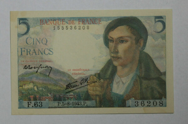 1943 France 5 Francs Banknote P# 98a 207L