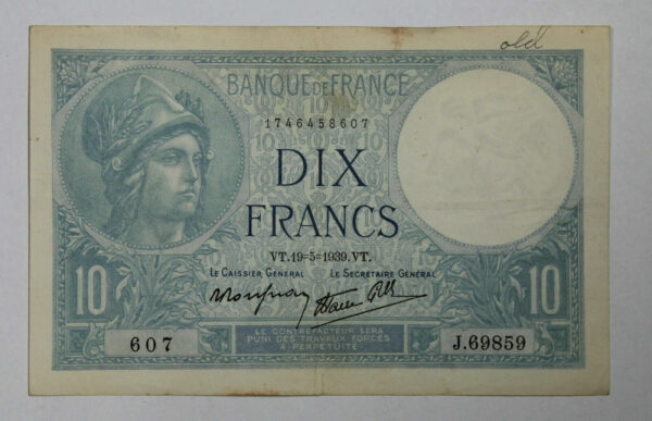 1939 France 10 Francs Banknote P# 84 207J
