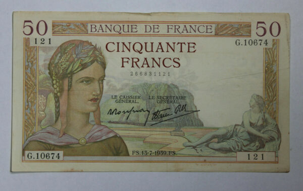 1939 France 50 Francs Banknote P# 85b 207K