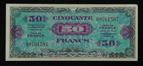 1944 Allied Military Currency Liberated France 50 Francs AU+ 27XQ