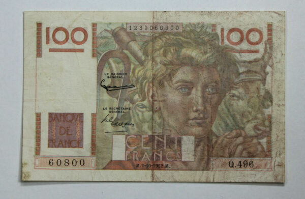 1952 Bank of France 100 Francs Banknote P# 128c 2G2B