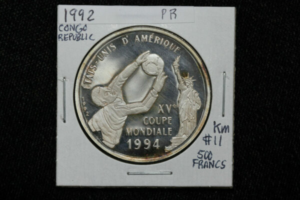 1992 Congo Republic 500 Francs USA FIFA World Cup Commemorative Coin KM# 11 2O2L