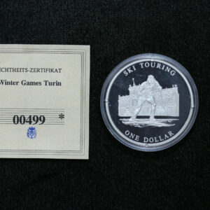 2005 Turin Winter Olympics Ski Touring Cook Islands $1 50% Silver Coin & COA 210Y