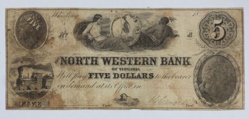 1852 North Western Bank of Wheeling Virginia $5 Obsolete Currency Note VA 2GTB