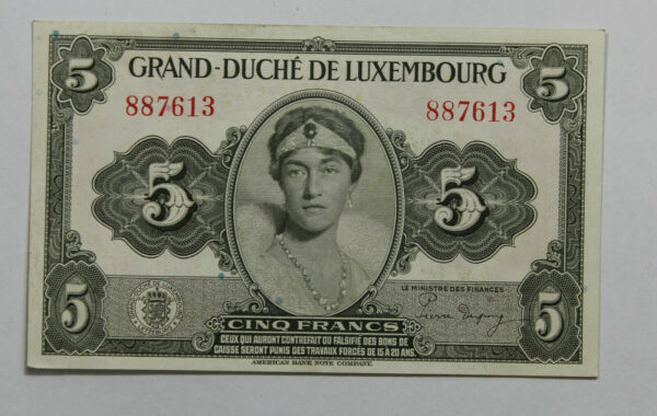 1944 Luxembourg 5 Francs P# 43a 2W61