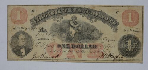 1862 $1 Virginia Treasury Note CR-17 Obsolete Currency Note 29N2