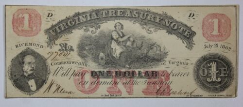 1862 Virginia Treasury Note $1 Obsolete Currency CR-17 2HQ5
