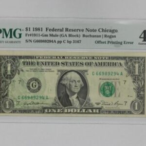 Series 1981 $1 Federal Reserve Note Offset Printing Error PMG XF-40 EPQ 2ABA