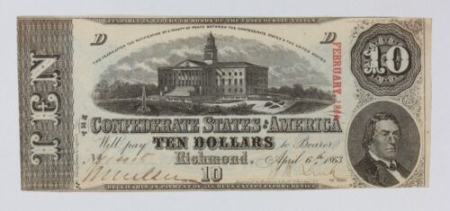 1863 Confederate Currency $10 Note T-59 AU+ 2I0W
