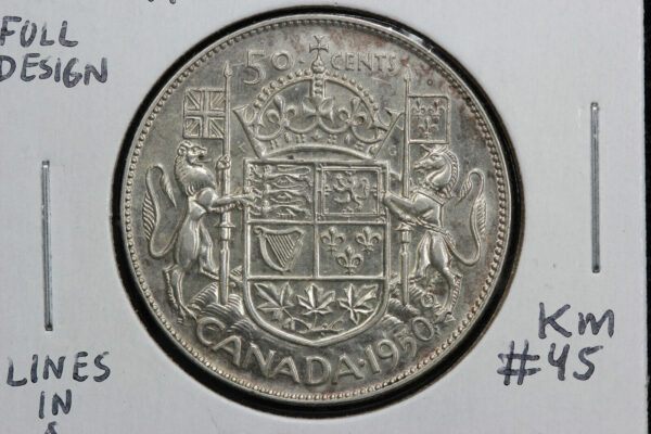 1950 Canada 50 Cents Full Design KM# 45  Lines in 0 2P18