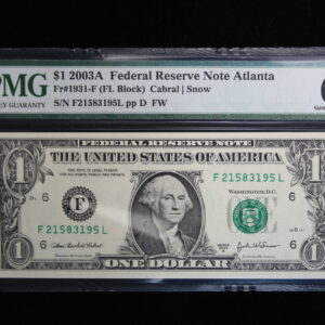 Series 2003A $1 Federal Reserve Note Atlanta PMG 66 Gem Unc EPQ Fr-1931-F 2QLO