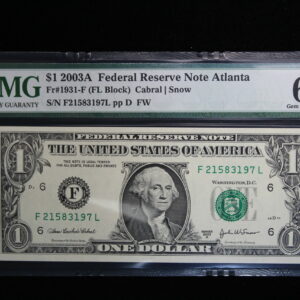 Series 2003A $1 Federal Reserve Note Atlanta PMG 66 Gem Unc EPQ Fr-1931-F 2QLN