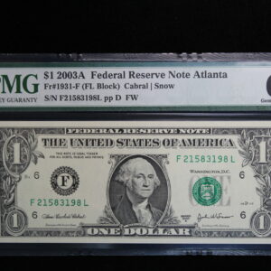 Series 2003A $1 Federal Reserve Note Atlanta PMG 66 Gem Unc EPQ Fr-1931-F 2QLM