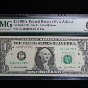 Series 2003A $1 Federal Reserve Note Atlanta PMG 66 Gem Unc EPQ Fr-1931-F 2QLL