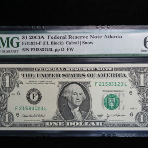 Series 2003A $1 Federal Reserve Note Atlanta PMG 66 Gem Unc EPQ Fr-1931-F 2QLK