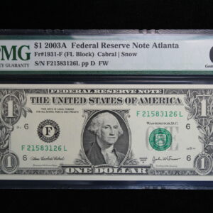Series 2003A $1 Federal Reserve Note Atlanta PMG 66 Gem Unc EPQ Fr-1931-F 2QLJ