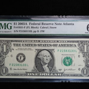Series 2003A $1 Federal Reserve Note Atlanta PMG 66 Gem Unc EPQ Fr-1931-F 2QLF