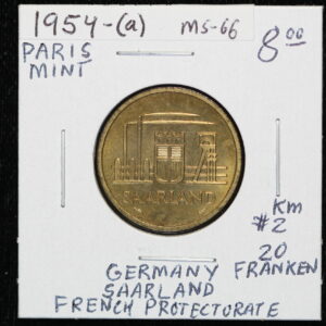 1954-(a) 20 Franken Germany Saarland French Proctectorate MS-66 2J3F