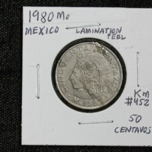 1980 Mo Mexico 50 Centavos Lamination Peel Mint Error KM# 452 2WAX