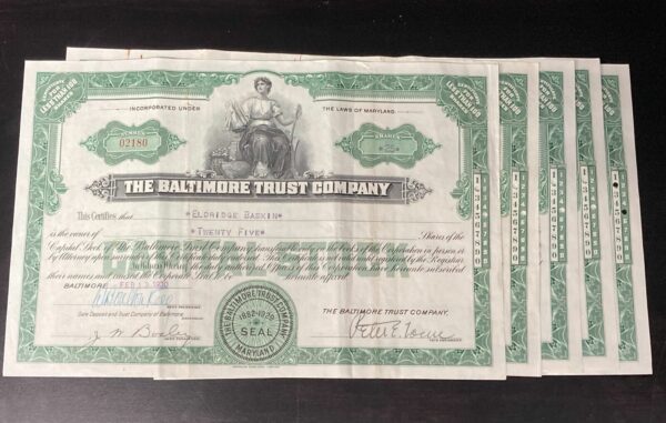1930 Baltimore Trust Company Maryland 25 Shares Stock Certificates 5ct 3N5G