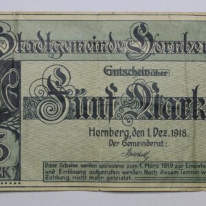 1918 Hornberg Germany 5 Mark notgeld note 37S0