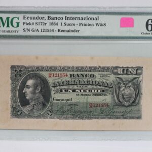 1884 Ecuador 1 Sucre Banknote Remainder P# S172r PMG CU-64 3UZE