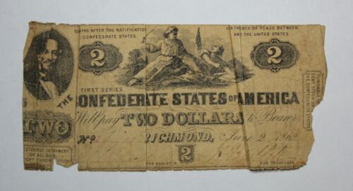 1862 Confederate Currency $2 Note T-43 1X7P