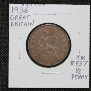 1936 Great Britain 1/2 Penny KM# 837 3V4Q