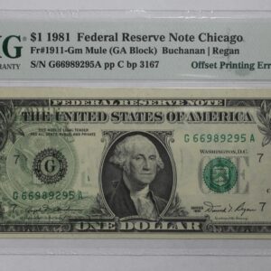Series 1981 $1 Federal Reserve Note Offset Printing Error PMG XF-40 2AZB