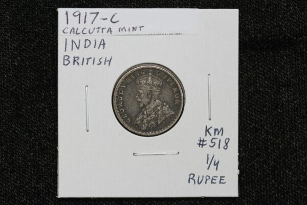 1917 India Quarter ¼ Rupee Calcutta Mint Fine Silver Coin KM# 518 30PH