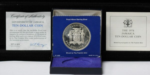 1974 Jamaica 10 Dollars Silver Proof Coin Franklin Mint KM# 63a 3P1B