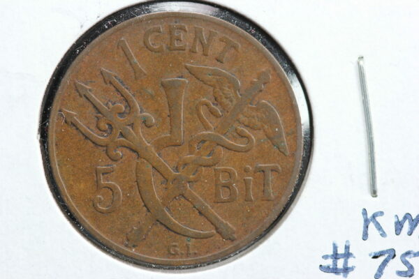 1905 (h) Danish West Indies 1 Cent / 5 Bit KM# 75 1IGJ