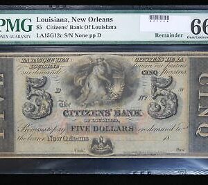 Louisiana, New Orleans $5 Citizens' Bank of LA Rmdr PMG GEM UNC 66 EPQ 2YV4