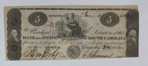 1862 Bank of the State of South Carolina $5 Obsolete Currency Note SC-195-20 1OSP
