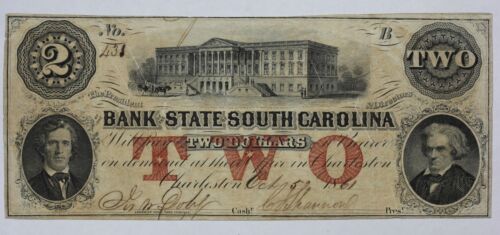 1861 Bank of the State of South Carolina $2 Obsolete Currency Note SC-195-11 11MQ