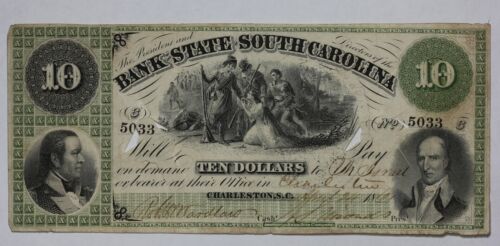 1861 Bank of the State of South Carolina $10 Obsolete Currency Note SC 1H2Y