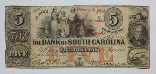 1860 Bank of South Carolina $5 Obsolete Currency Note SC-135-25 11MS