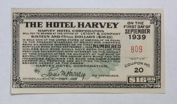 September 1 1939 Hotel Harvey $16.25 Bond Coupon #809 Coupon No 20 3953