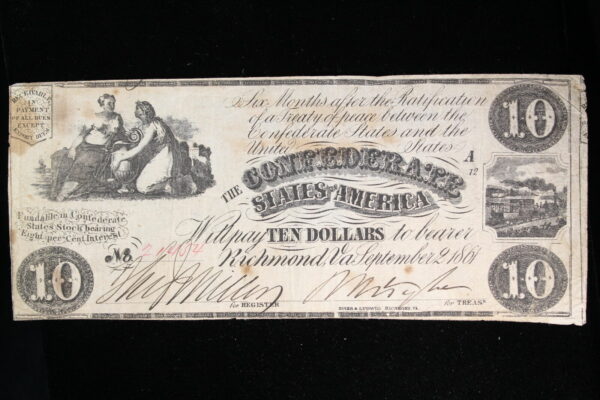 1861 Confederate $10 T28 Ceres and Commerce beside urn VF++ 3OSQ